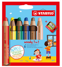 Crayon multi-talents woody 3 en 1, étui en carton de 6 avec taille-crayon