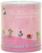 Kit de tampons à motifs "princesses et fées", dans une boîte ronde transparente