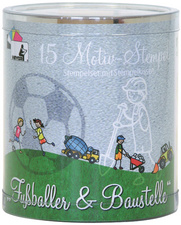 Kit de tampons à motifs "footballeur & chantier", dans une boite ronde transparente
