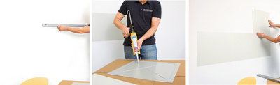 Wandfläche ausmessen - Platten mit Kleber versehen - die magnetowand(R) entsteht