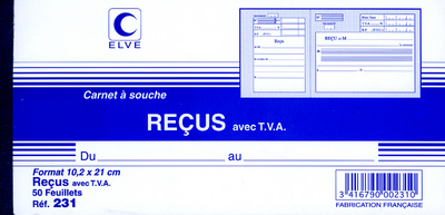 Carnet à souche "Reçu avec TVA"
