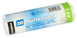 Mülleimerbeutel HDPE, 60 Liter, weiß