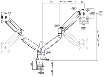 Bras support pour écran TFT/LCD, en aluminium, 2 bras - dimensions