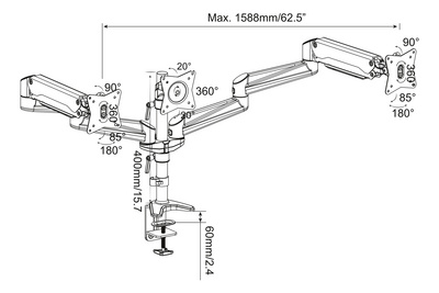 Bras support pour écrans TFT/LCD avec vérin à gaz, 3 écrans, dimensions