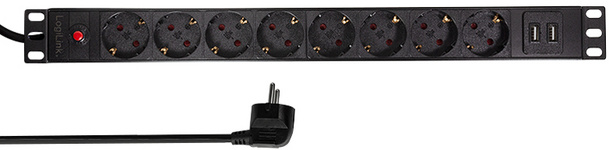 19" Steckdosenleiste mit Überspannungsschutz, 1 HE, 8-fach + 2x USB