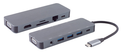 Station d'accueil USB 11en1, USB-C mâle - HDMI, VGA, PD, hub, SD, LAN, AUX