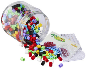 Perles à repasser maxi + plaques à picots, dans un pot en plastique