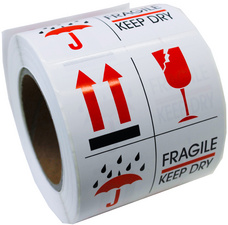 Hinweisetikett "Fragile / Keep dry", auf Rolle