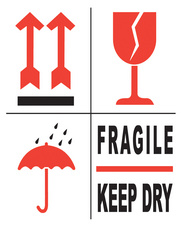 Hinweisetikett "Fragile / Keep dry"